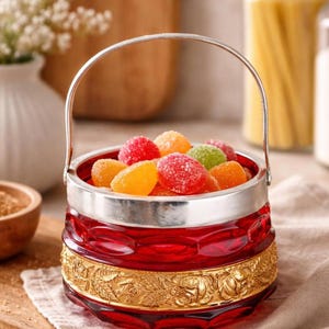 Vintage sockerskål i rubinrött glas med utsmyckat guldfärgat blomband och silverhandtag, bohemisk godisskål, kexburk, sminkfack