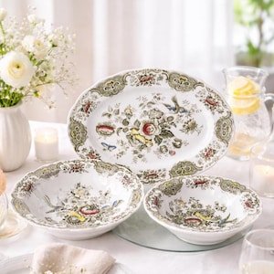 Plato vintage de porcelana inglesa Ridgway, Staffordshire, Inglaterra, Windsor, platos hondos para la cena, vajilla rústica, vajilla verde de transferencia.