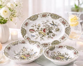 Plato vintage de porcelana inglesa Ridgway, Staffordshire, Inglaterra, Windsor, platos hondos para la cena, vajilla rústica, vajilla verde de transferencia.