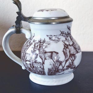 Ceramic Beer Stein Mug with Pewter Lid Hunting Scene Deer, Royal Tettau Anno 1800 Bavaria Germany Traditional Tankard, Gift for Him