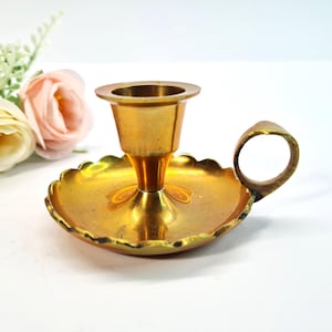 Antique Gold Candle Holder with Handle, Chamber Stick Brass Candleholder, French Chamberstick, Victorian Art Nouveau decor
