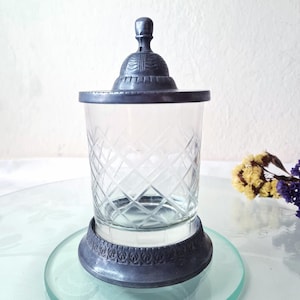Glass and Metal Lidded Storage Jar Vanity Container, ZINN Pewter Drink Cup, Vintage Ornate Victorian Home Decor, Gift for Her