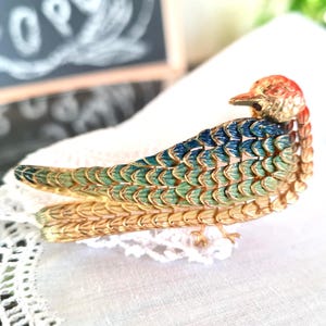 Vintage Bird Brooch Openwork Gold Tone Metal, Rainbow Pheasant or Bird of Paradise Pin, Tropical Bird Brooch, Art Deco Mid Century Jewelry