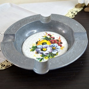 Vintage German Ashtray Pewter and Floral Ceramic Middle, Round Trinket Dish, Small Ring Jewellery Plate, 10s Anniversary Gift for Her