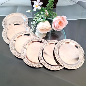 Set 6 Small Silver Coasters in Original Box, Vintage Chrome Saucers with Beautiful Embossed Rim, Mid-Century Elegant Art Deco Bar