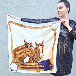 Off White HORSE Print Silk Scarf Western Equestrian, Royal Bohemian Kerchief, Square Neck Scarf Bridle Straps Brown Blue Scarf