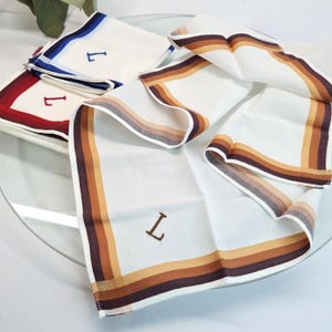 Set of 3 Vintage Cotton Men’s Handkerchiefs with Monogram “L”, Blue Brown Red Striped Border Hankies, Retro Gift for Dad, Grandpa or Groom