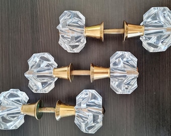 Dummy Door Knobs Lucite Acrylic Brass Vintage 50s, Mortice Interior Glass Clear Transparent Crystal Knobs, Round Scalloped Pull Handle