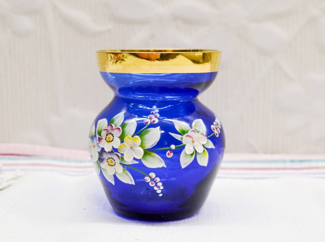 Cobalt Blue Glass Bud Vase With Gold Rim and Hand Painted Enamel Flower
