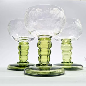 Set 3 Roemer Wine Goblets Wedding Glasses Green Stem Grape and Vine Motif, Vintage MCM France Luminarc Barware Glassware, Housewarming Gift