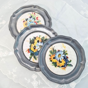 Set 3 Pewter Coasters with Flowers Ceramic Inset, Vintage Germany Bavarian Drink Coasters, Small Trinket Dish, Tin Anniversary Gift