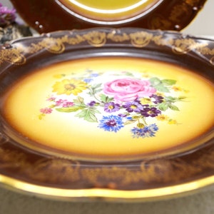 Collectible Floral Plate Dish Yellow Brown with Rich Gilding 10&quot; Dinner Cabinet Antique Victorian China MZ Czechoslovakia Moritz Zdekauer