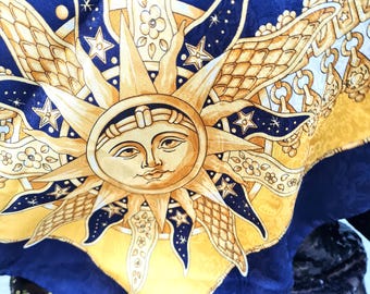 Vintage hemelse zijden sjaal blauw goud wit, astrologische vierkante omslagdoek, astronomische zon ster maan sterrenbeeld print, cadeau voor haar