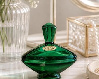 Art Deco Emerald Green Glass Vanity Box Pompadour Austria, Dressing Table Crystal Glass Powder Jewelry Set, Perfume Bottle