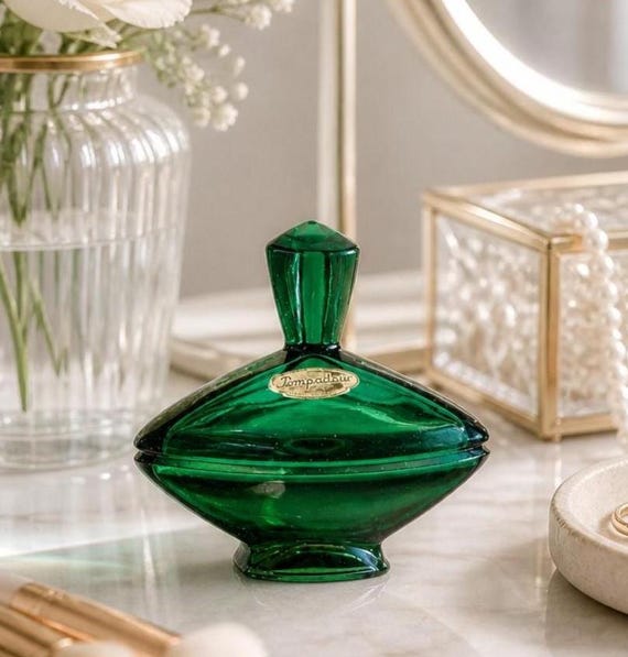 art deco green glass dressing table set Emerald Vanity Box Pompadour Austria, Crystal Glass Powder Jewelry Set, Perfume Bottle CATEGORY::mini