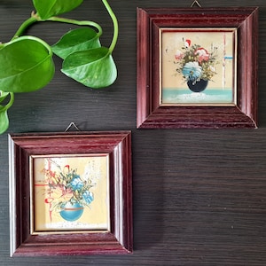 2 pcs Miniature Bouquet in Vase Wall Art Set, Romantic Floral Oil Painting Still Life, Wood Square Frames Cottage Decor, Housewarming Gift