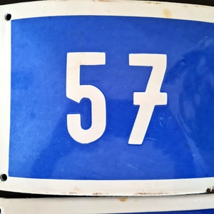 Vintage French 57 House Number Blue White Enamel Plaque Plate, Metal Sign Mailbox Door Number