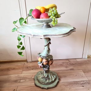 Green Wooden Pedestal Table with Round Top Scalloped Edge & Ornate Carved Fruit Design, Antique Victorian Small Coffee Table, Plant Stand