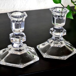 Pair Crystal Clear Candle Holders Art Deco, Small Glass Taper Candleholder by Mikasa, Taper Hexagon Base Candlestick Holder, Wedding Gift