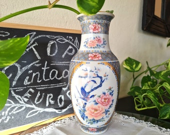Jarrón de porcelana asiática de los años 50 Jardín Imperial Eiwa Kinsei con pájaros azules y flores rosas marca japonesa 栄和謹製, decoración china de mediados de siglo