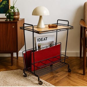 Vintage Mid Century Rolling Magazine Rack Table, Metal Side Table with Wood Tray, MCM Record Stand, Bar Cart on Wheels