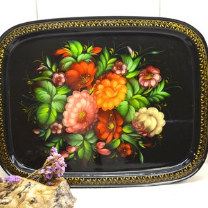 Large Black Rectangular Tole Tray, Floral Hand Painted Toleware Tray, Vintage Mid Century Serving Enamel Metal Tray