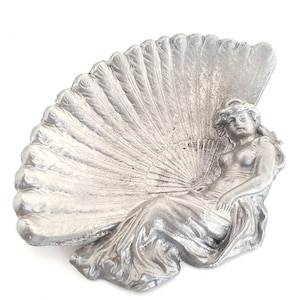 Lady with Burlesque Fan Trinket Dish, Art Nouveau Woman Ashtray, Pewter Jewelry Ring Holder, Nymph Vanity Pin Dish, Catch All Tray