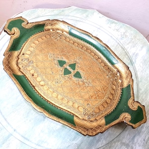 Gold Green Tray Italian Florentine Hand Painted, Serving Shabby Chic Decorative Wooden Vanity Perfume Bottle Tray for Dresser