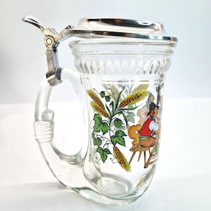 Vintage German Glass Beer Stein Mug Tankard in Shape of Horn with Pewter Lid & Oktoberfest Scene, Midcentury Barware Home Bar Gift for Dad