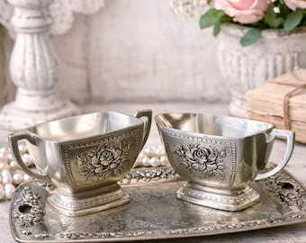 Vintage Silverpläterad sockerskål gräddkanna med bricka, kaffe- och teservis, serveringsservis, blommig, Bridgerton-stil
