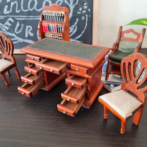 Vintage Doll House Library Furniture Set 1:12, Wooden Table 2 Chairs Cabinet Bookcase  Folding Chair Ladder from Germany