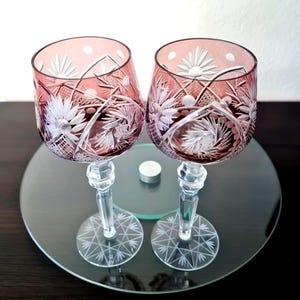 Set 2 Bohemian Amethyst Wine Glasses, Crystal Glass Goblets Plum Bordeaux 2pcs Set, Wedding or Anniversary gift, Mid Century Retro Stemware