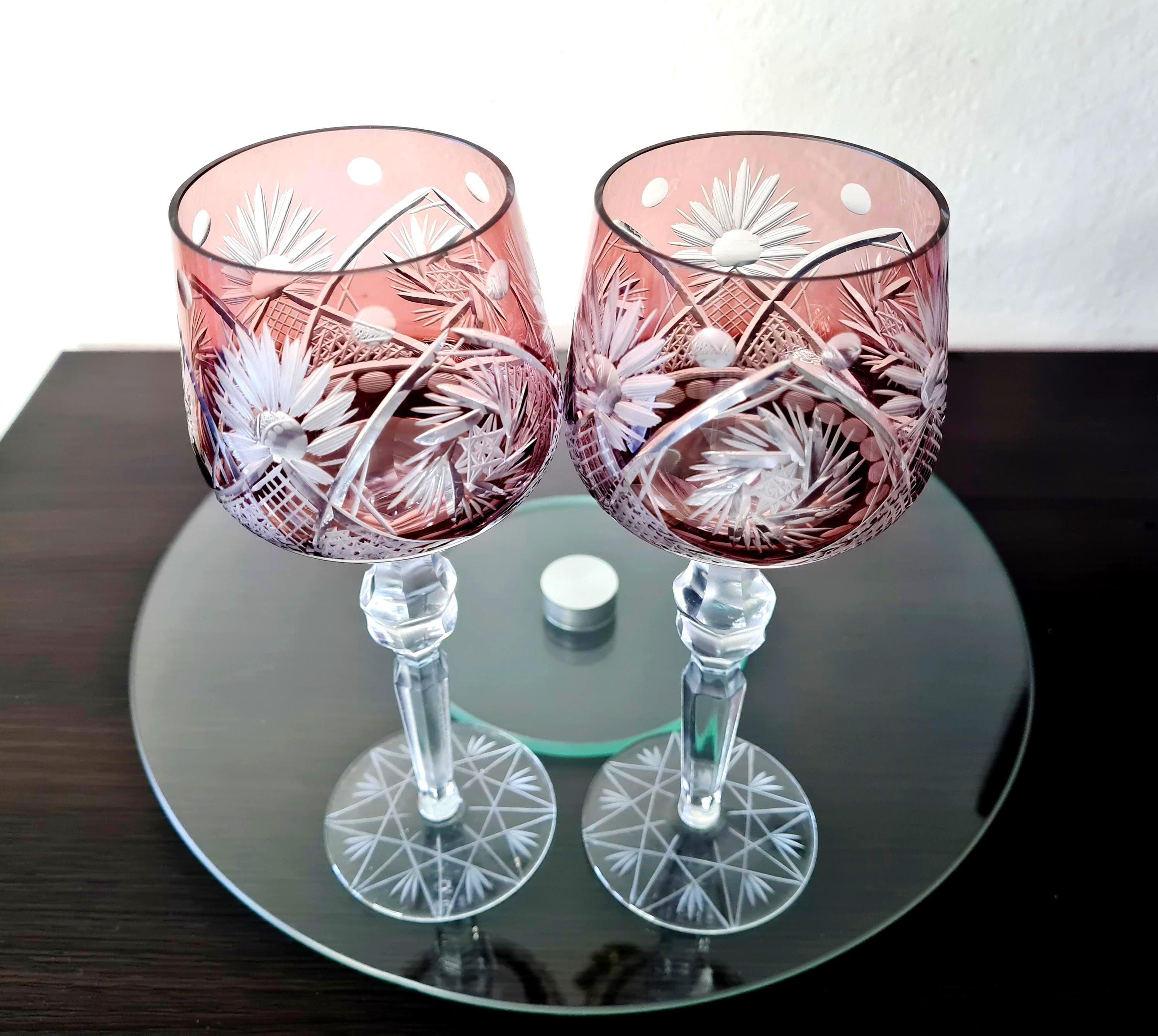 ボヘミアンアメジストワイングラス2個セット、クリスタルガラス