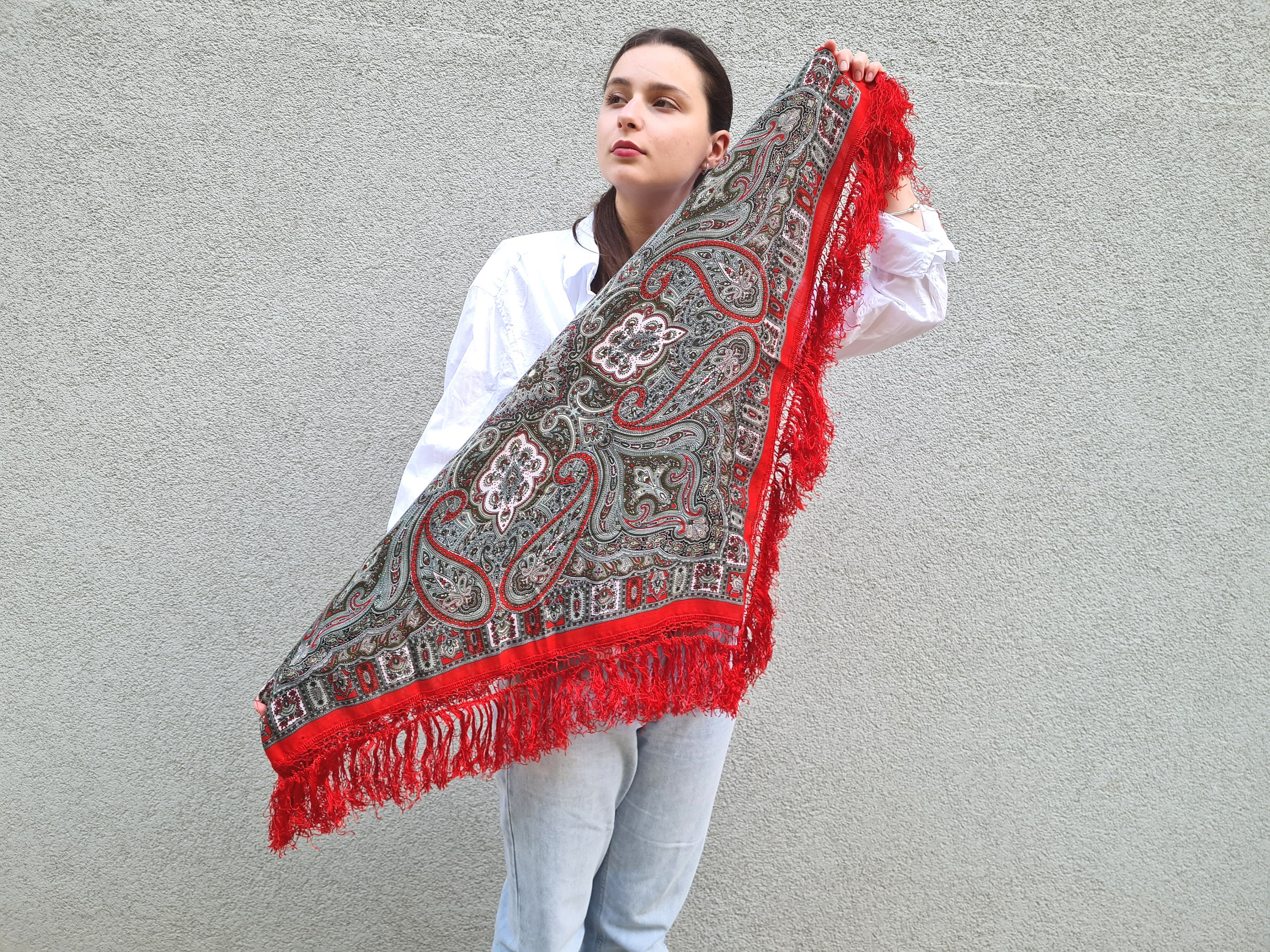 Bohemian Festival Scarf Paisley Pattern and Red Silk Fringe