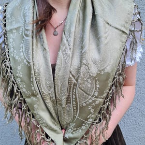 Olive Green Floral Dirndl Scarf DAMASK Jacquard Silk, 2 Sided Damask Square Shawl with Fringe, Traditional Oktoberfest Trachten Accessory