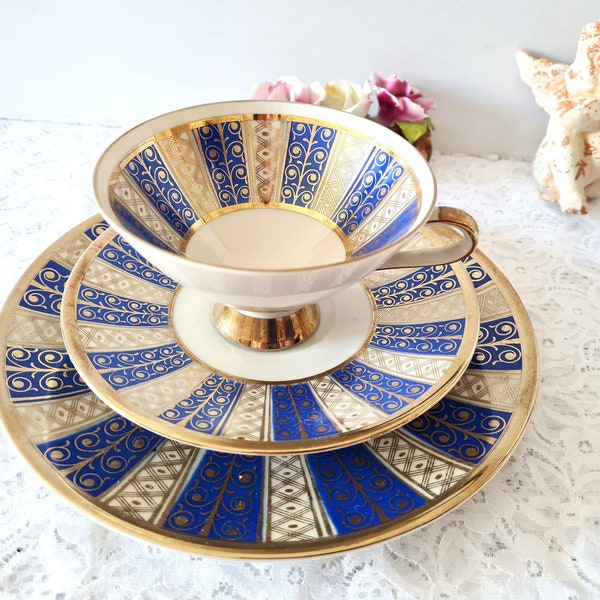 Vintage Tea Trio Cup, Saucer, Dessert Plate by Winterling Marktleuthen Bavaria Germany, Gold and Blue Geometric Art Deco Design 3 Piece Set
