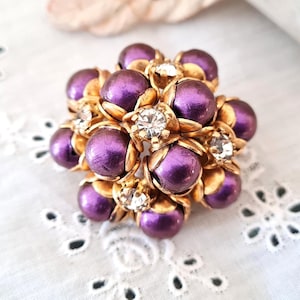 Vintage Gold Brooch with Cluster of Round Purple Beads & Clear Rhinestones, Circular Crystal Costume Czech Brouch 60s, Gift for Her Women