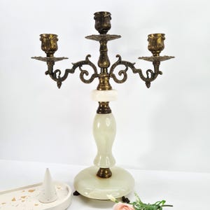 Vintage Brass & Alabaster 3-Arm Candelabra, Victorian French Ornate Onyx Marble Candle Holder, Italian Baroque Romantic Home Decor