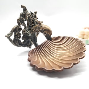Antique Brass Dolphin Shell Soap Dish, Victorian Ornate Seashell Wall-Mount Holder, Rococo Bathroom Decor, Nautical Housewarming Gift