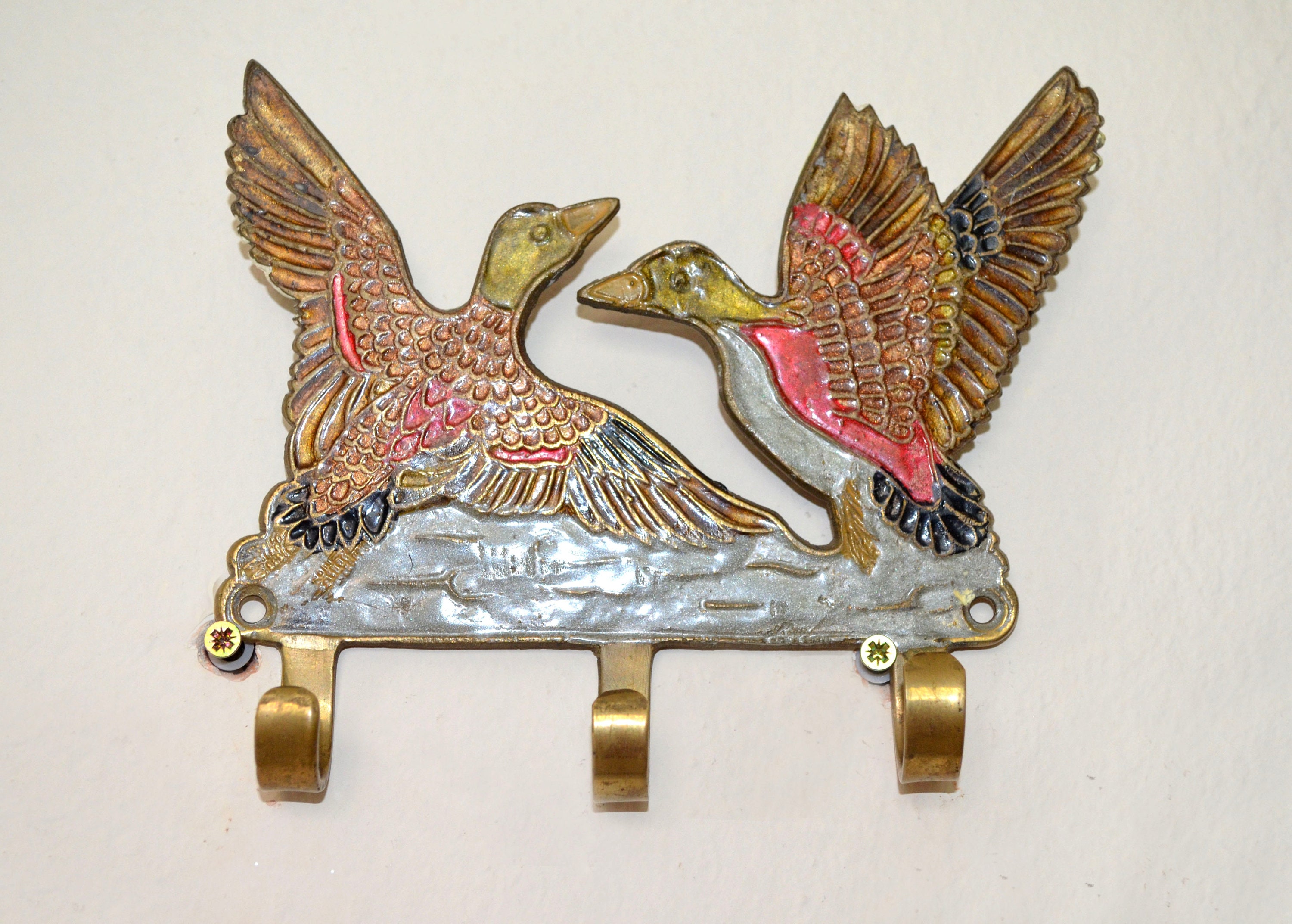 Vintage 50s Brass Enamel Wall Hanger With Ducks for Coat, Towels, Keys With 3 Hooks, Leash Rack