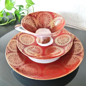 Vintage Red Gold Mandala Tea Set Winterling, Cup Saucer Dessert Plate, Made in Germany Bavaria 50s, Geometric Art Deco Design 3 Pcs Set
