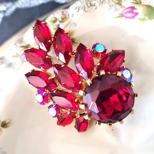Broche en strass rouge ton or, grande broche en cristal de mariage tchèque vintage des années 60, cadeau pour sa femme maman