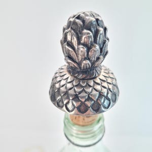 Silver Artichoke Cork Wine Bottle Stopper, Vintage Art Nouveau Ornate Metal & Cork Wine Stopper, Barware Decor, Pewter Topper Bottle Top
