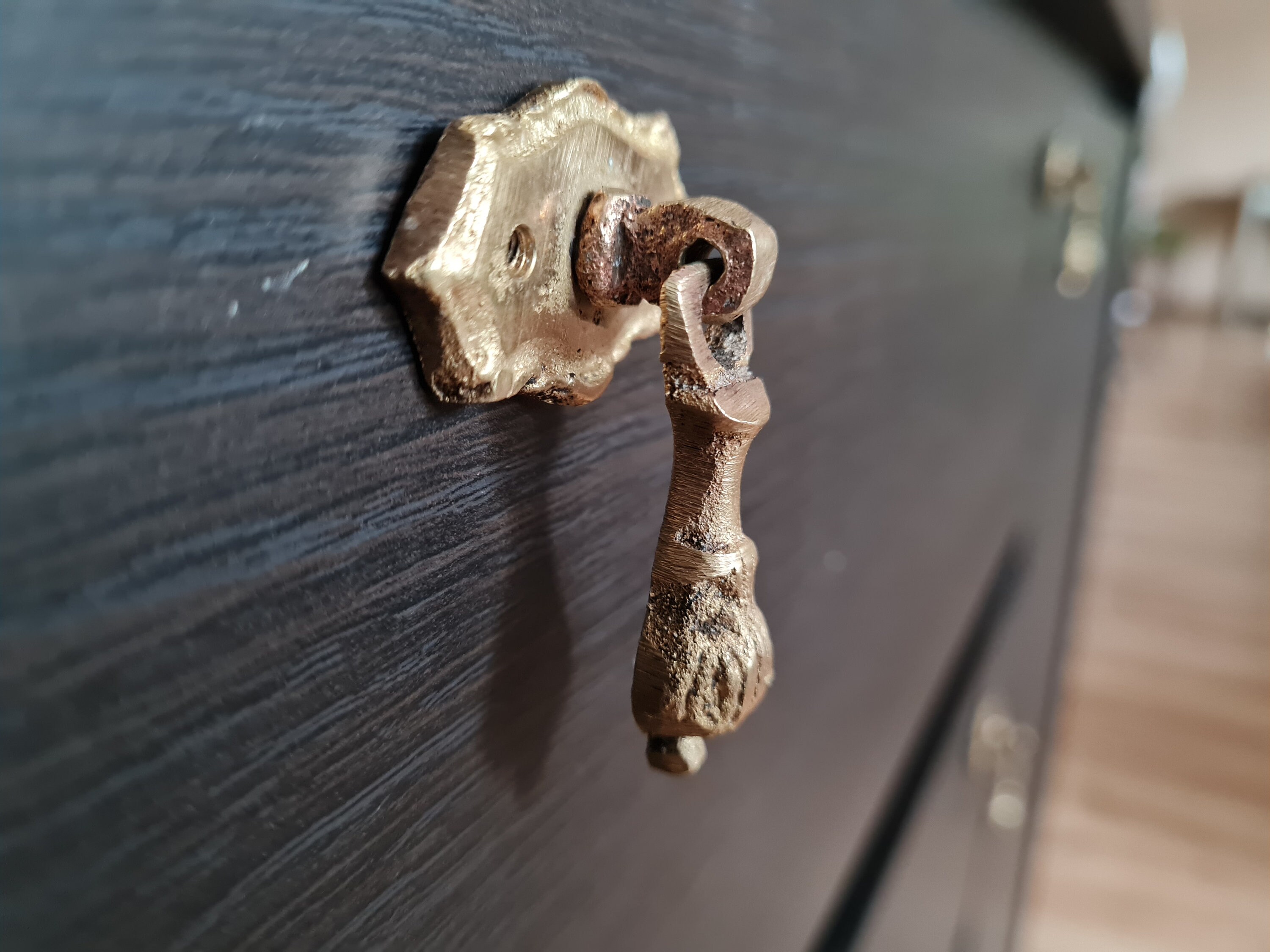 Set 3 Antique Tear Drop Handle Pulls, Small Brass Knob, Victorian