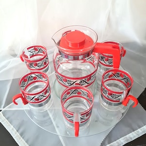 Limonade Getränkeset Krug & 6 Gläser Mitte Jahrhundert Randwyck, Rot Schwarz Blumenmuster Metall Kunststoff Glasbecher, Housewarming Geschenk, Mama Geschenk
