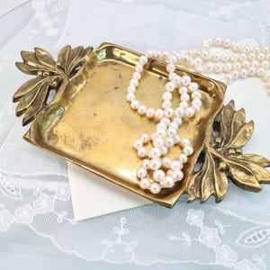 Art Deco Brass Tray, Trinket Ring Dish with Ornate Leaf Handles, 1960s Decorative Catchall Dish, Hollywood Regency Decor