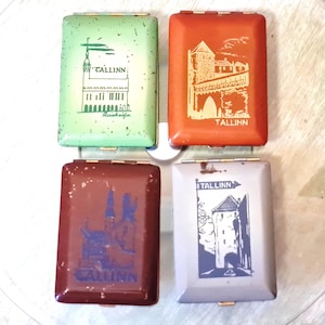 Portasigarette sottile in metallo, souvenir di Tallinn, retrò, da collezione baltico, vintage anni '50, portafoglio rigido, porta soldi o porta carte di credito aziendali