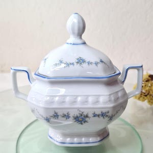Açucareiro vintage com tampa Art Déco em porcelana branca com duas alças, pote com padrão floral azul, Seltmann Weiden Bavaria &quot;Andrea&quot;, presente para ela