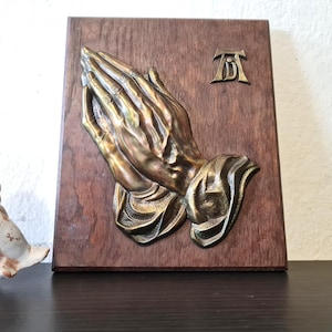 Wood Brass Wall Hanging Plaque Praying Hands Albrecht Dürer, Mcm Art Religious Christian Home Decor, Catholic Symbol Gift
