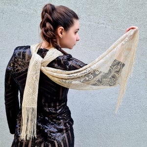 Gold Lace Scarf Wrap with Fringe Metallic Sparkle, Long Sheer Shawl Wrap Bling Sparkle, Art Deco Flapper Gatsby Shawl